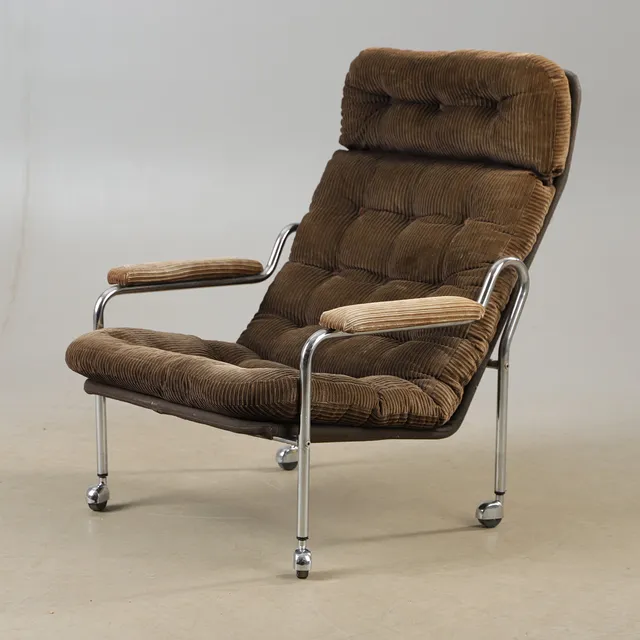 BO EIGERT. Fåtölj, "Stålbo", textilklädsel, Firma B. Eigert AB, Hova, 1970-tal.