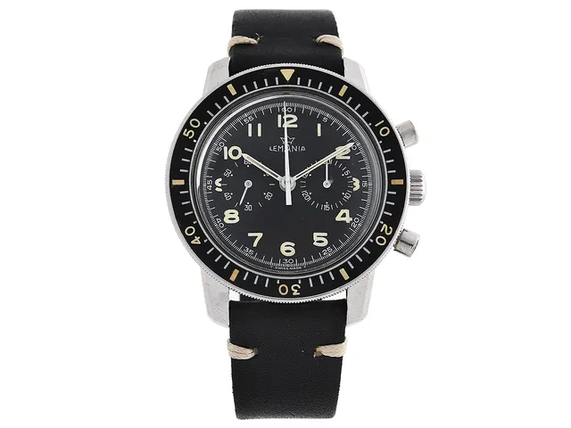 LEMANIA, s.k. "Viggen", kronograf, herrur, 42 mm, Cal 1872, Serie nr. 2798303, Boett nr. 817, stål, manuell, plexiglas, ("Tre Kronor" M 3440 051010), läderband, ca 1970.