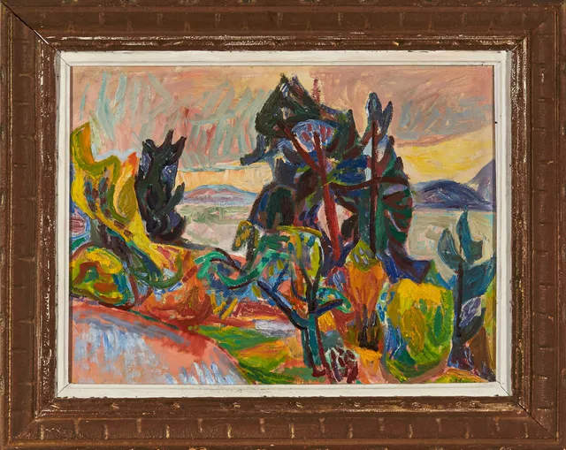 Storstein, Aage — "Verandautsigt fra Wold Tornes hus Holmsbu -44" 1944