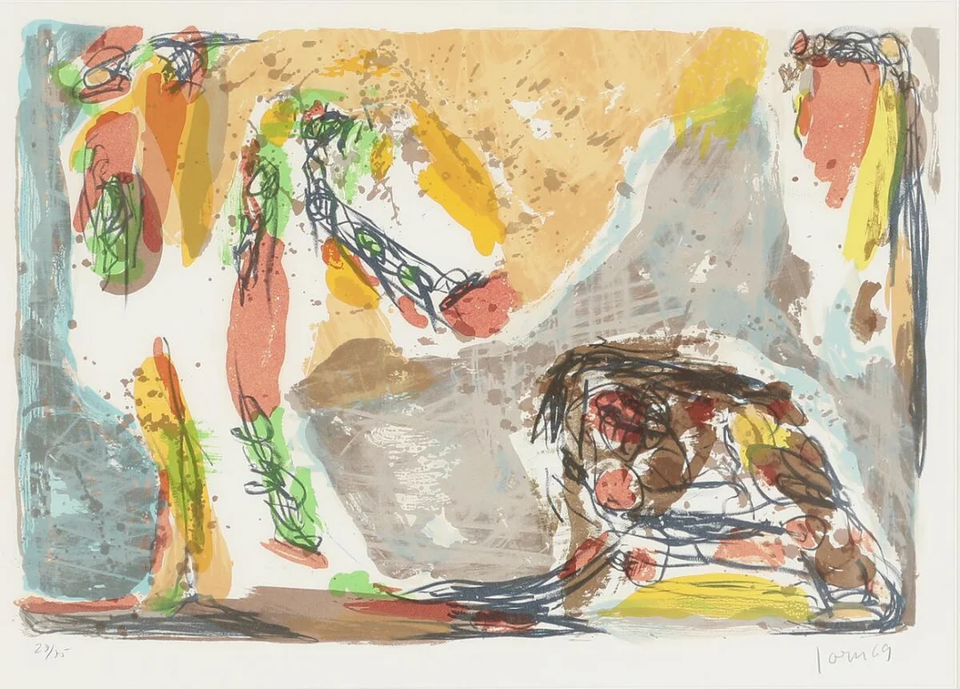 ”Trop tôt”. Signed Jorn 69, 27/75. Lithograph in colours. Visible size 39×56 cm. — Modern Prints/CoBrA — Bruun Rasmussen