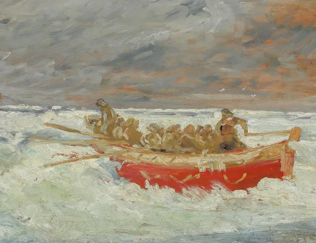 “Redningsbåden går ud”. The lifeboat goes out. Study. Verso seascape study. Signed MA. Oil on board. 27×34 cm.