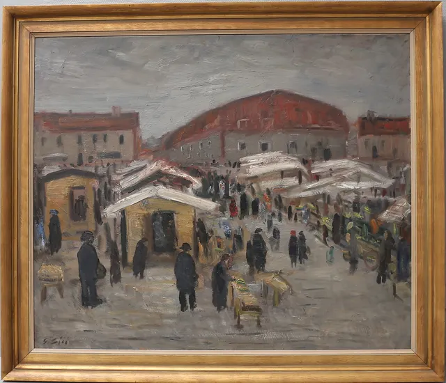 GUSTAF SJÖÖ. Torghandel, Stortorget Växjö. Olja på pannå, signerad.