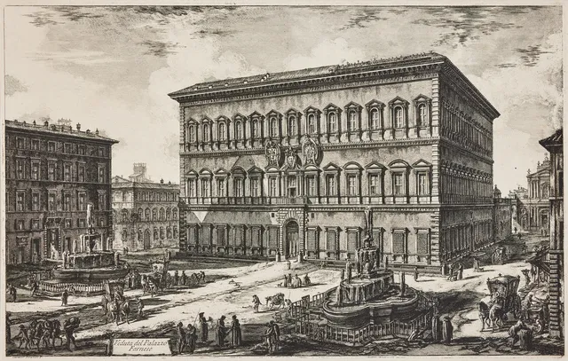 GIOVANNI BATTISTA PIRANESI. "Veduta del Palazzo Farnese" (ur: "Vedute di Roma"), etsning, 1773, 42 x 66,5 cm.
