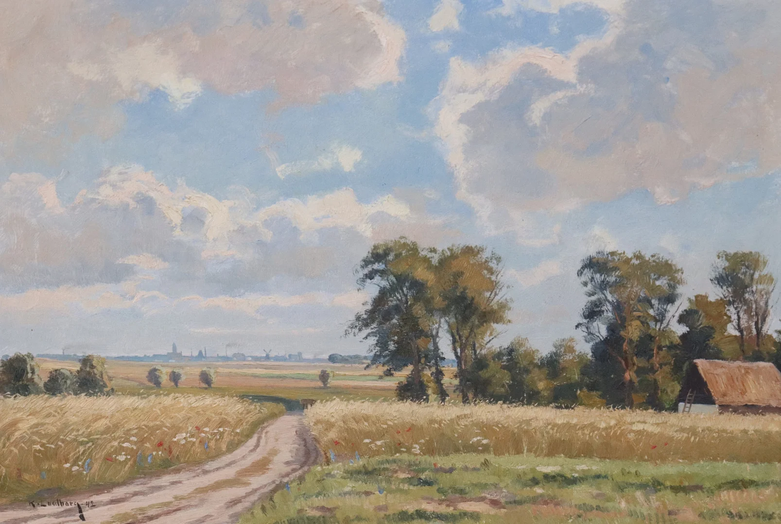 KARL LUNDBORG. olja på pannå, "Trelleborg sett från Maglarp". — Paintings — Markus Auktioner