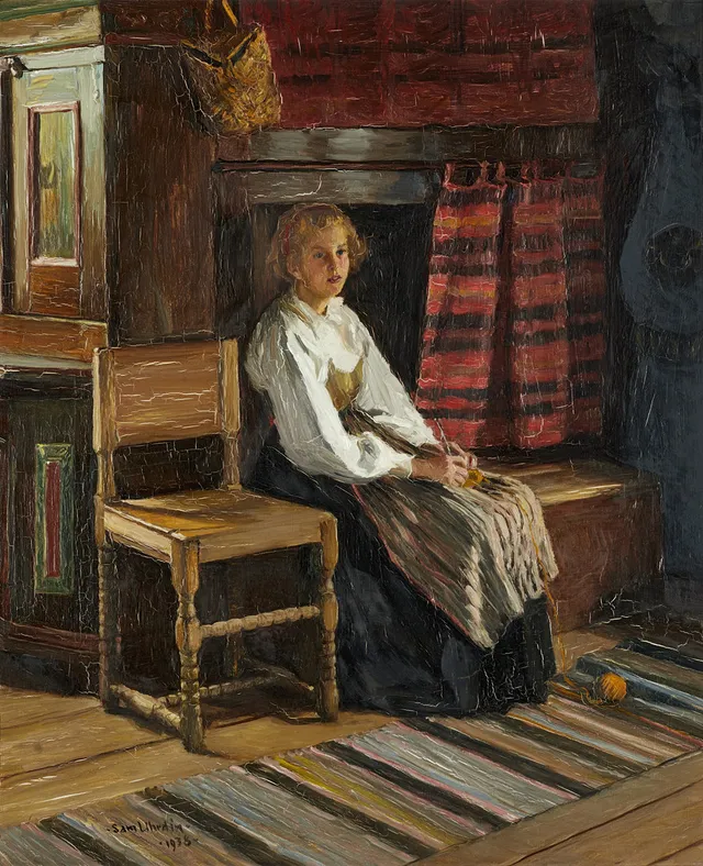 SAM UHRDIN. Dalkulla med handarbete, olja på pannå, signerad och daterad 1938.
