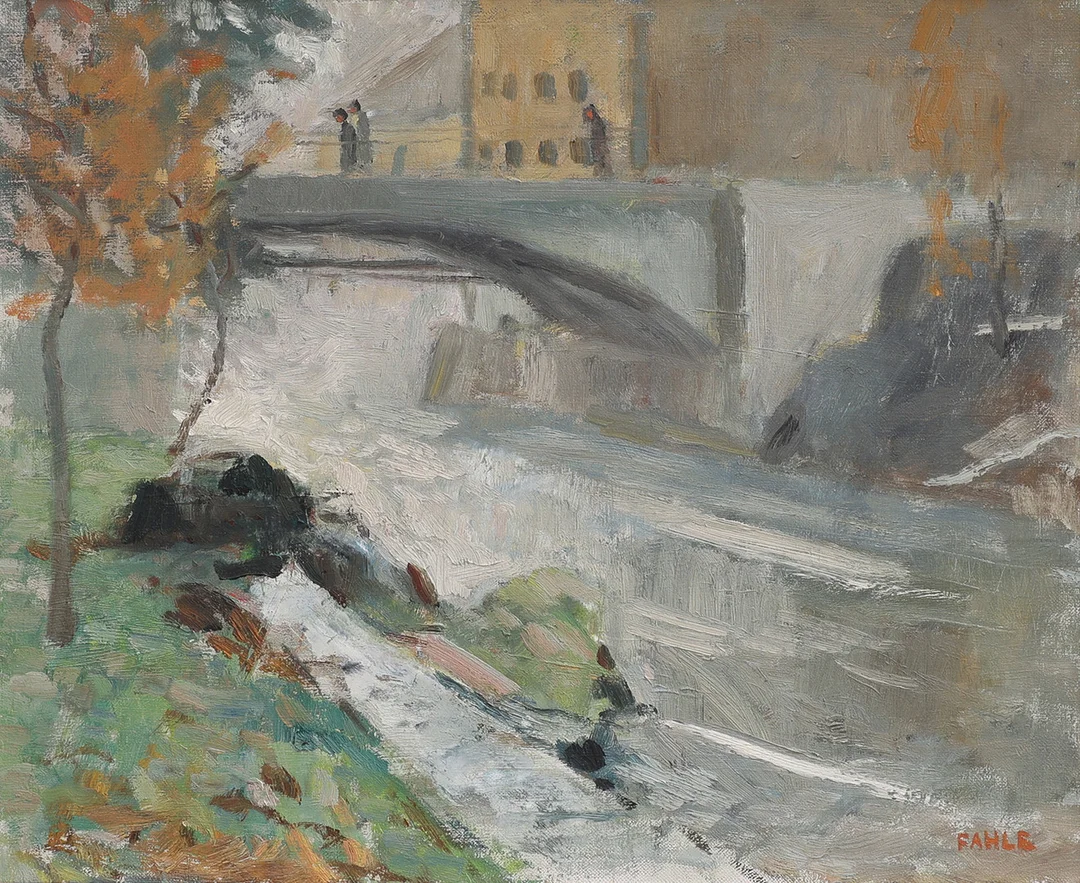 GUSTAF ADOLF FAHLE. OLJA PÅ DUK, MOTIV FRÅN NORRKÖPING "GAMLABRO OKTOBERDIMMA", SIGNERAD OCH DATERAD 1946. — Paintings — Crafoord Auktioner Lund