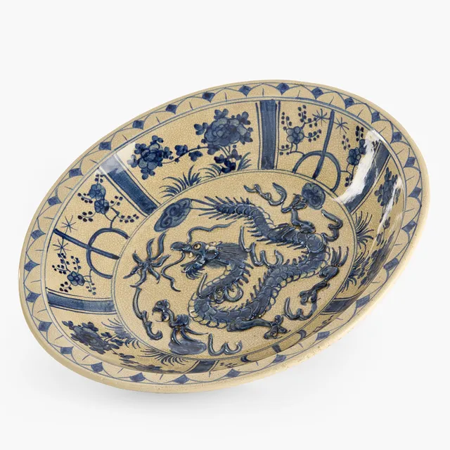 SKÅL, porslin, Kina, Mingstil, dekor av krackelerad glasyr, underglasyrblått och en drake i relief, 1900-talets andra hälft/2000-tal.