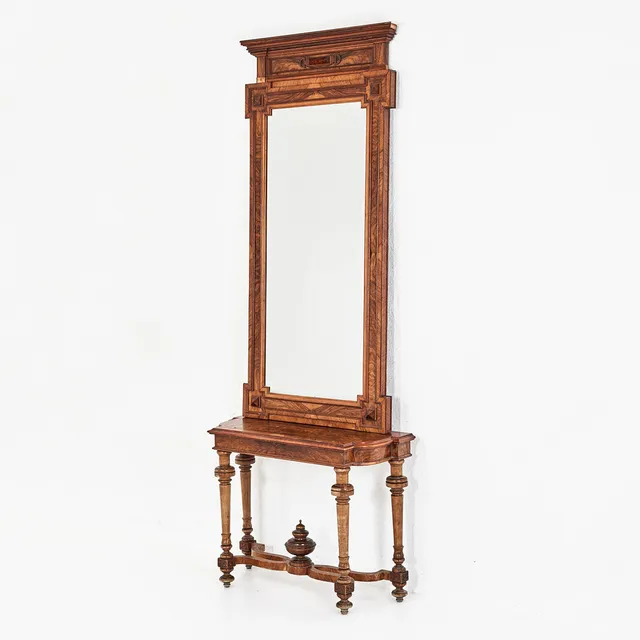 SPEGEL med konsolbord, 1800-talets slut, nyrenässans, delvis fanerat i valnöt och rot.