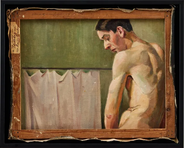 KARIN KARLSSON (1897-1979). Mansporträtt/Stilleben med blåklockor.