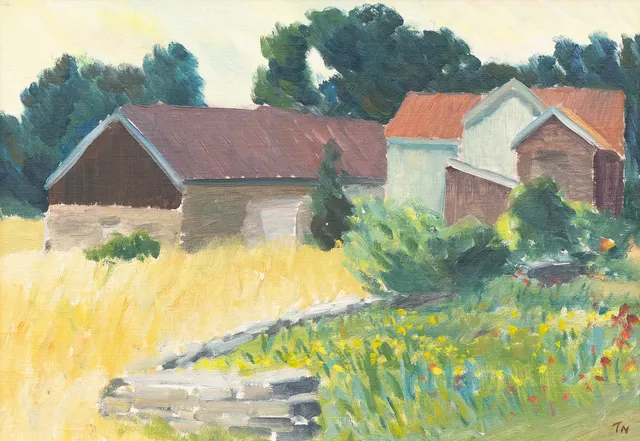 TAGE NILSSON. "Ölandsgård", olja på pannå, signerad.