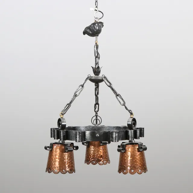 TAKLAMPA. Smide med kopparskärmar. 1900-tal.