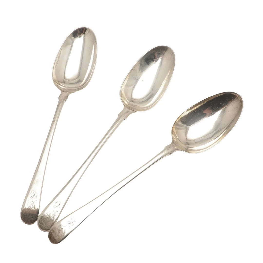 A MATCHED SET OF THREE 18TH CENTURY OLD ENGLISH PATTERN SILVER TABLE SPOONS. — Silver — Lawrences Auctioneers