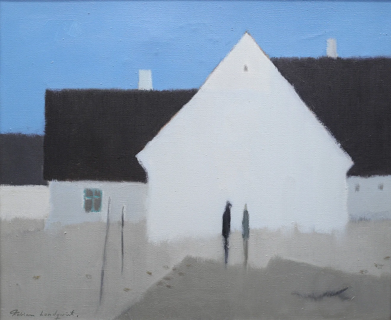 FABIAN LUNDQVIST. "Figurer vid gavel", olja på duk, signerad. — Paintings — Garpenhus Auktioner