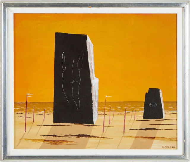 ESAIAS THORÉN. Surrealistiskt strandlandskap, olja på pannå, signerad.