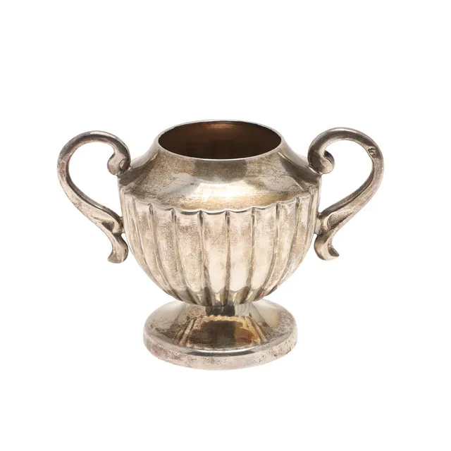 A MEXICAN SILVER TWIN HANDLED MINIATURE URN.