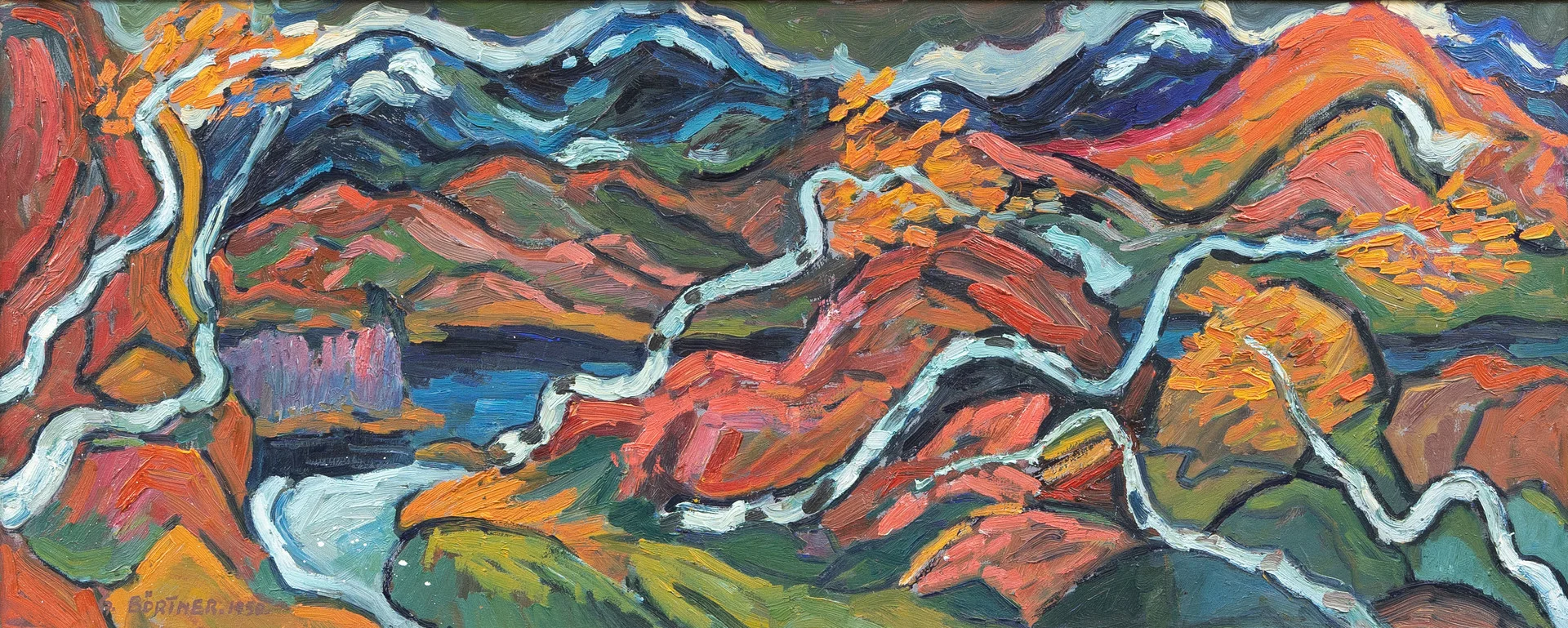 GUSTAF BÖRTNER (1905-1985). Fjällandskap med vindpinande fjällbjörkar, olja på duk, signerad och daterad 1950. — Paintings — Garpenhus Auktioner