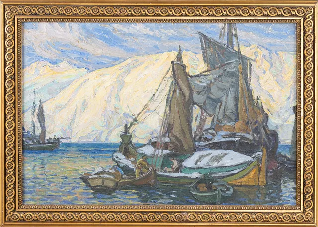 ANNA BOBERG. Hamnmotiv, olja på duk, signerad.