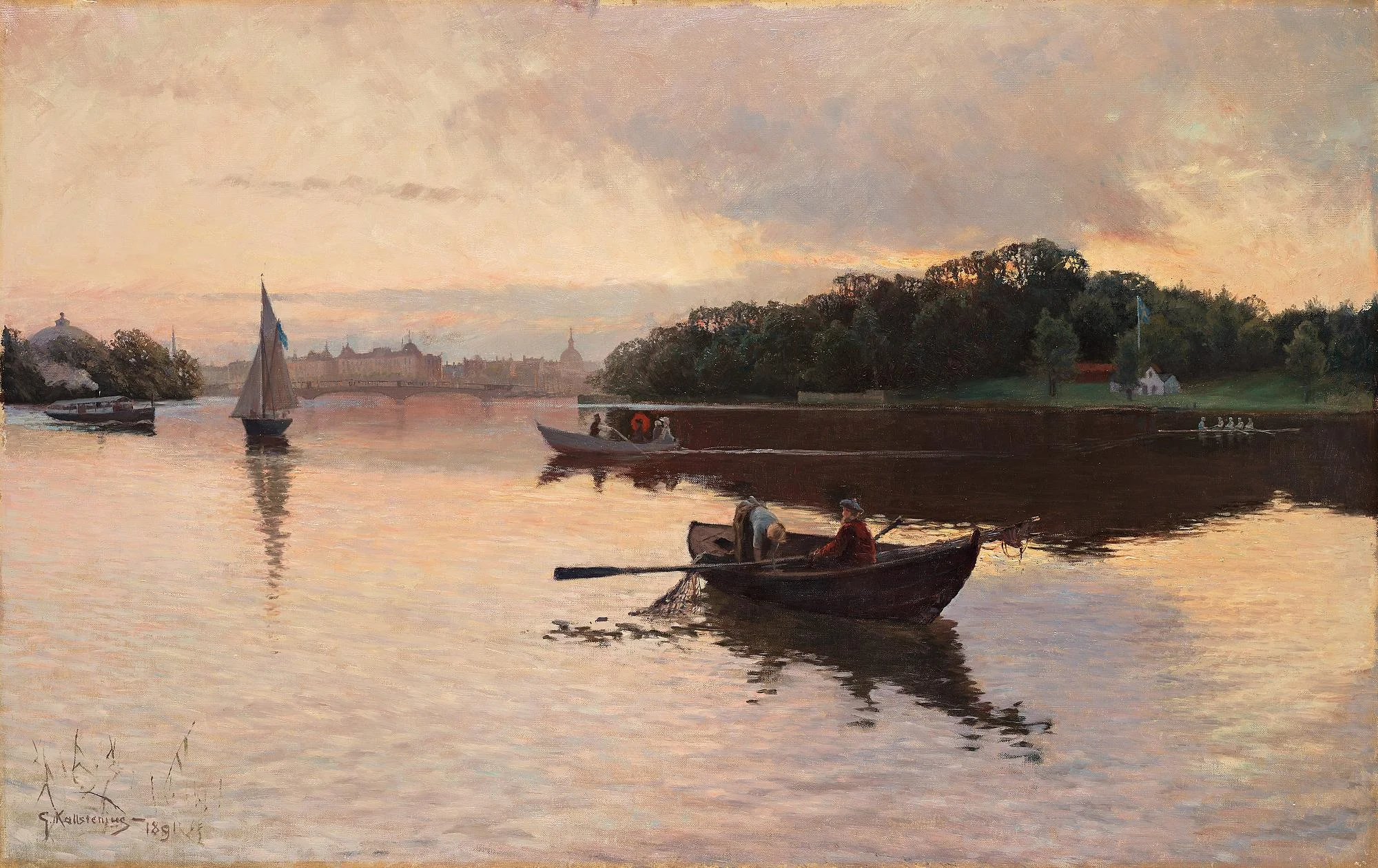 Gottfrid Kallstenius, Utsikt över Stockholm från Beckholmen med Skeppsholmen, Strandvägen och Djurgården. — Bukowskis