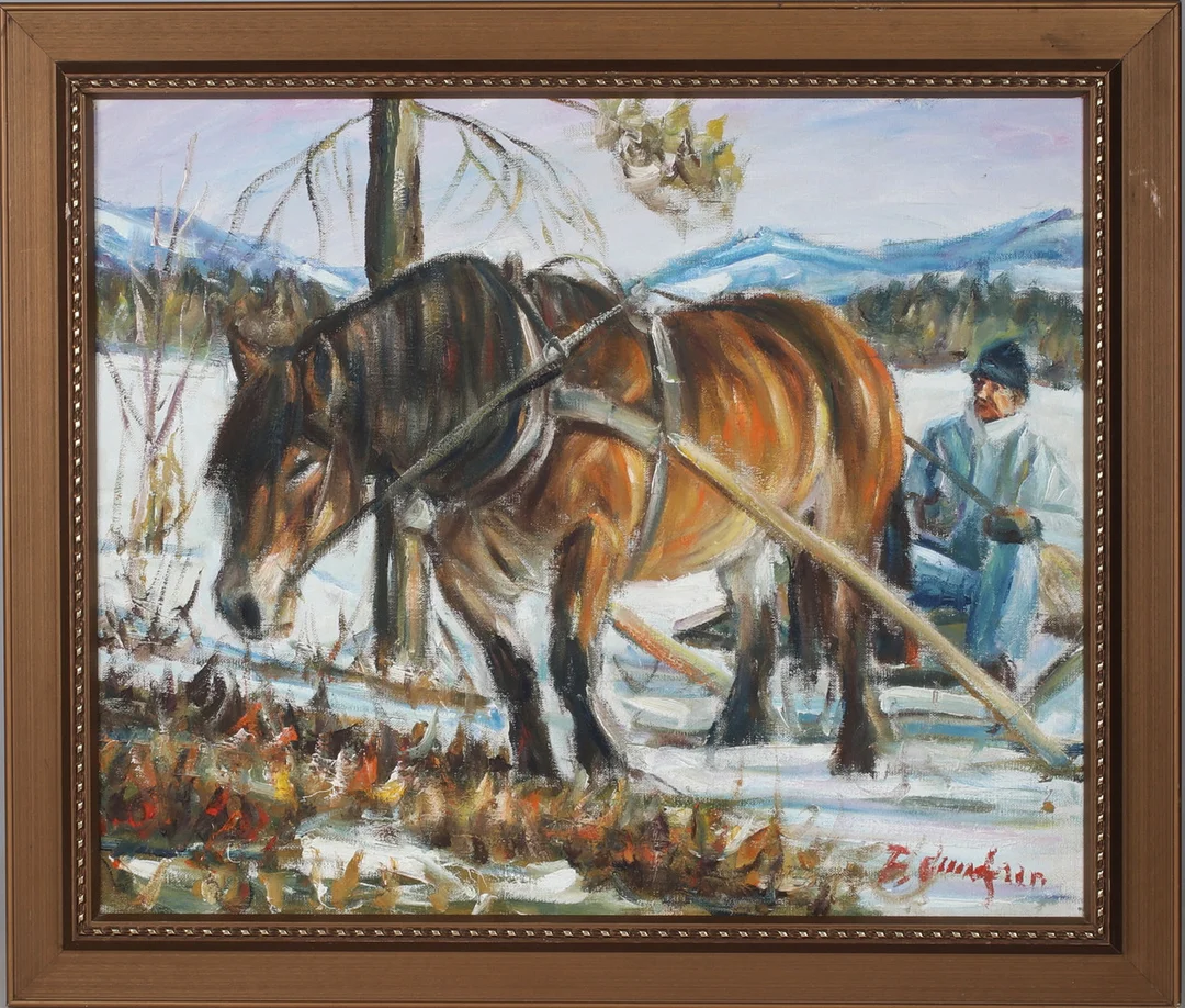 FRED LUNDGREN. Arbetshäst, olja på duk, signerad. — Paintings — Stadsauktion Sundsvall