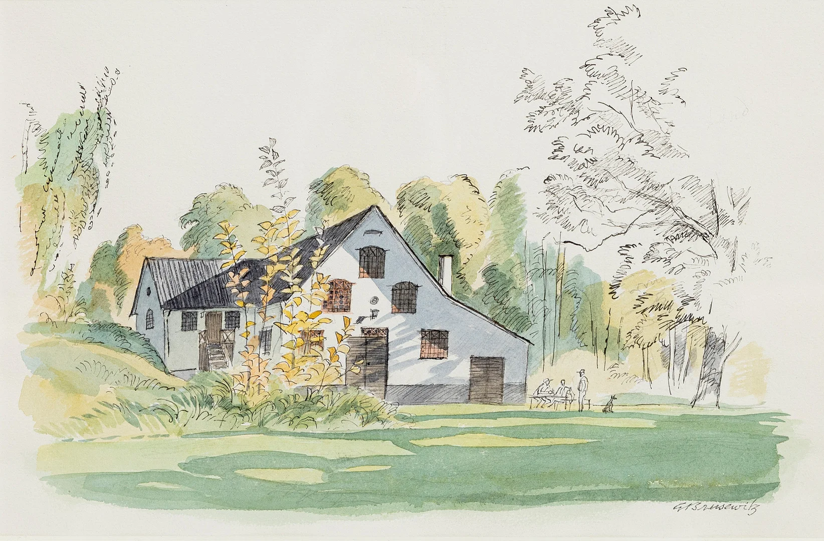 GUNNAR BRUSEWITZ. Gårdsmotiv, blandteknik på papper, signerad. — Paintings — Auktionshuset Kolonn