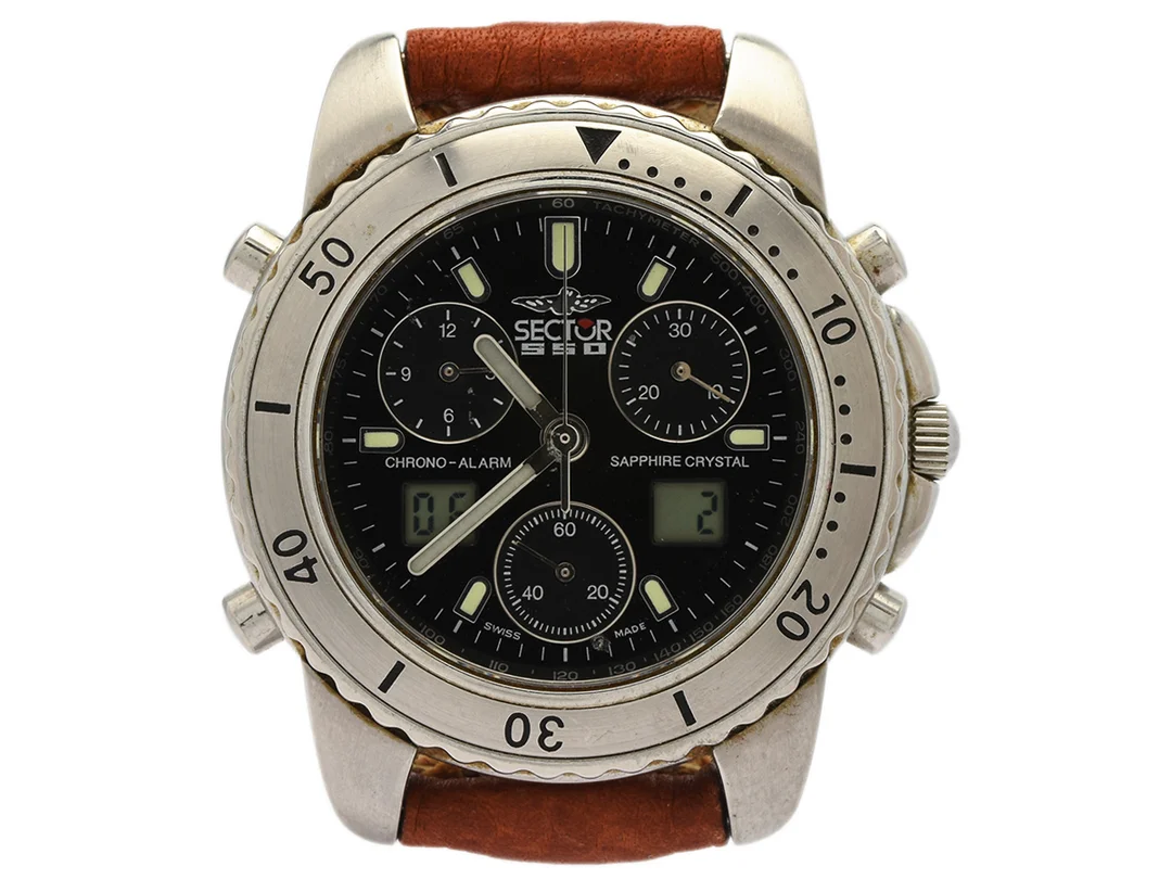SECTOR, kronograf, herrur, 38 mm, Boett nr. 2653983025, stål, analog/digital, quartz, safirglas, defekt, läderband, ca 1995. — Klockor/Sector — Kaplans