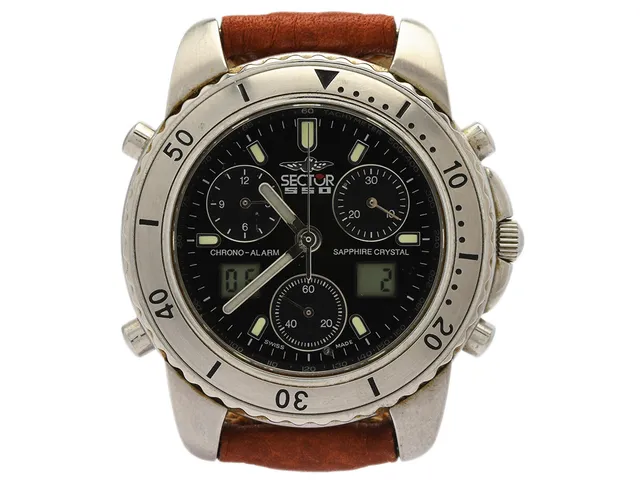 SECTOR, kronograf, herrur, 38 mm, Boett nr. 2653983025, stål, analog/digital, quartz, safirglas, defekt, läderband, ca 1995.