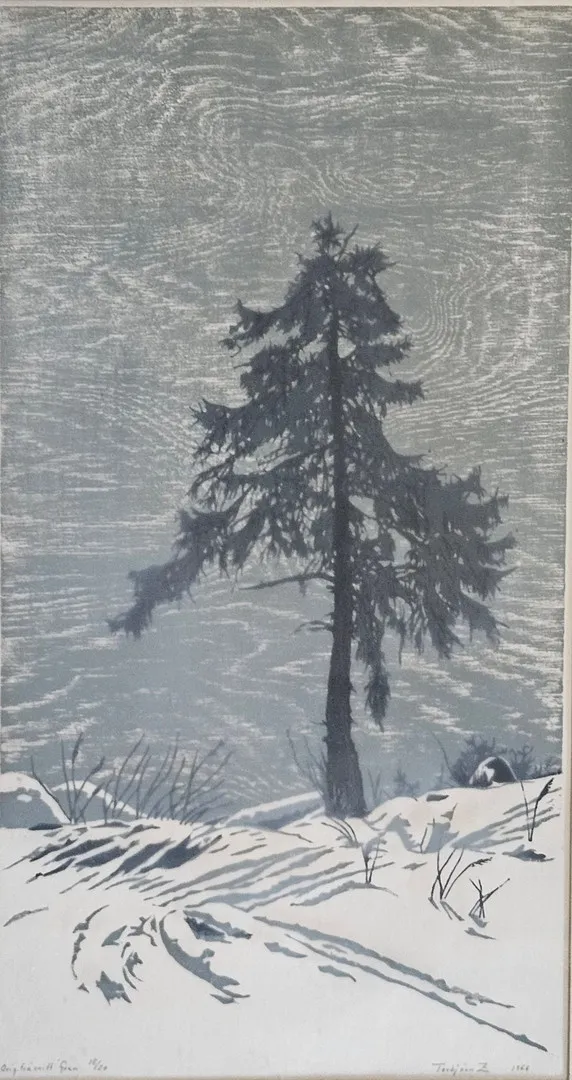 TORBJÖRN ZETTERHOLM. "Gran". Originalträsnitt, signerad Torbjörn Z, numrerad 18/20 och daterad 1966.