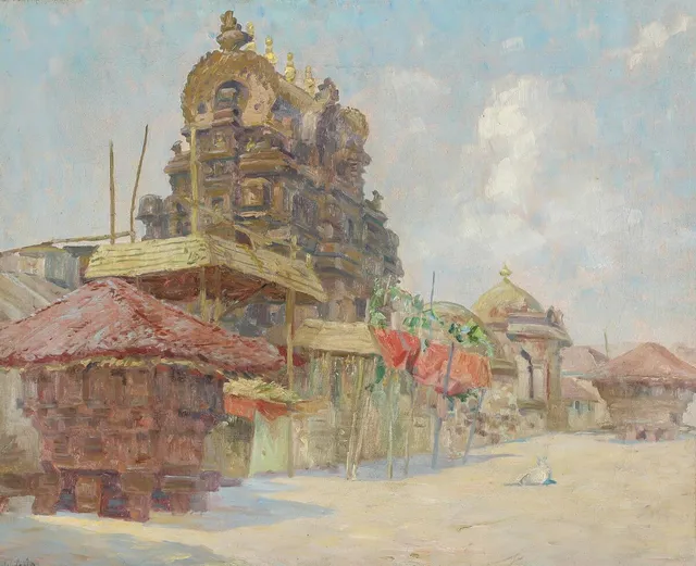 Indisk tempel. Signeret Hugo V. P. Olie på lærred. 50×60 cm.