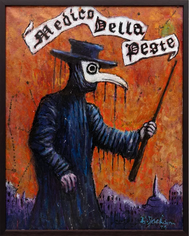 CLIFFORD JACKSON. "Medico Bella Peste", blandteknik på duk, signerad, daterad a tergo 2004.