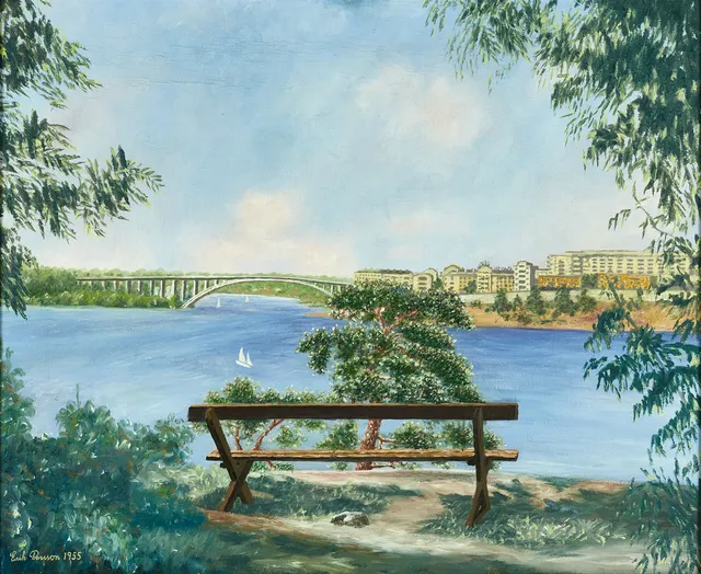 ERIK PERSSON. Vy över Tranebergsbron och Fredhäll, signerad och daterad Erik Persson 1955, olja på duk.