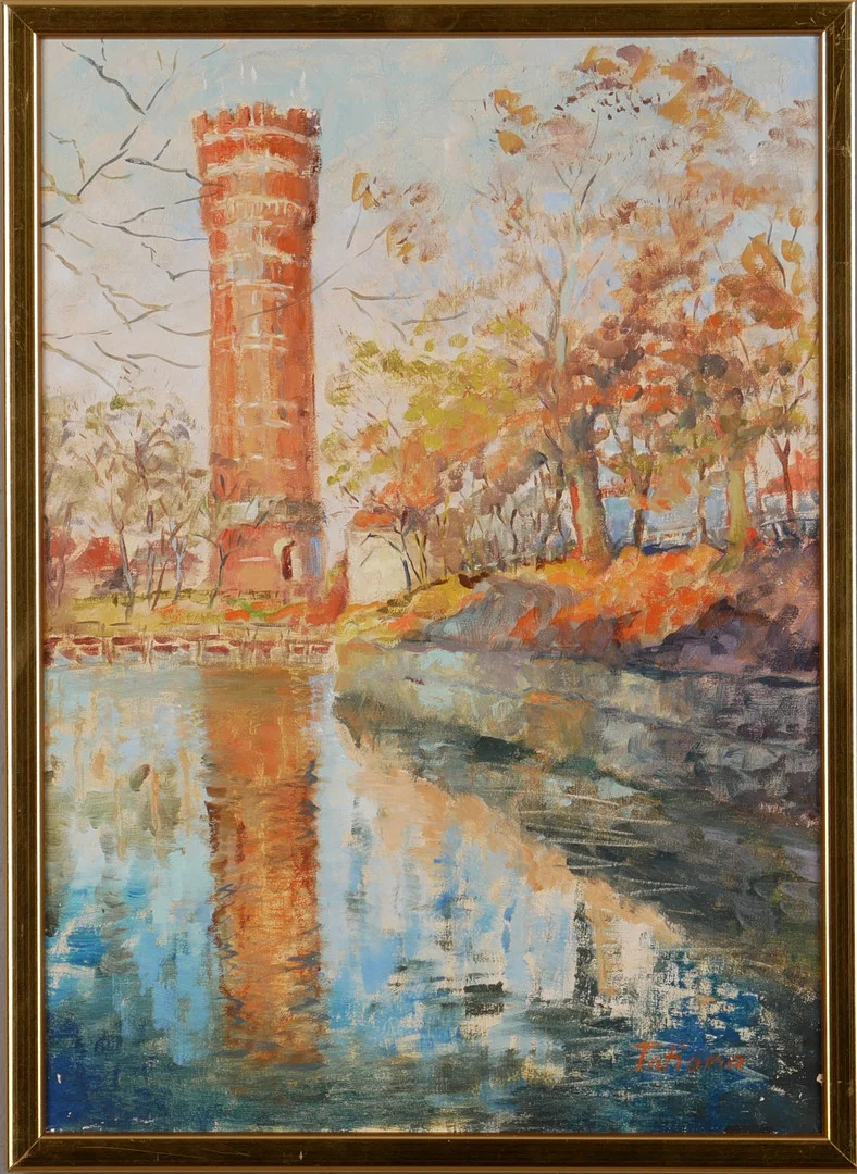 TATIANA KRAUS. Vattentornet i Kalmar, olja på duk, signerad Tatiana. — Paintings — Auktionsfirma Kenneth Svensson i Kalmar