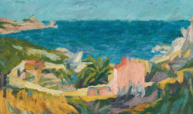 HERMANN TALVIK (Estland, Tallinn 1906-1984 Funäsdalen, Sverige). Utsikt över Medelhavet, signerad Talvik, olja på duk.