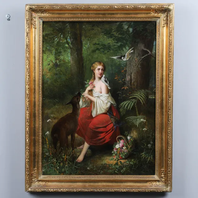 OKÄND KONSTNÄR. BLOMSTER FLICKA I SKOGEN, OLJA PÅ DUK 17/1800 TAL.