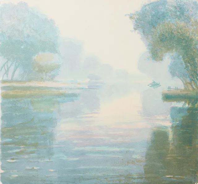MATS ARONSSON. "Morgondimma", färglitografi, signerad -92.