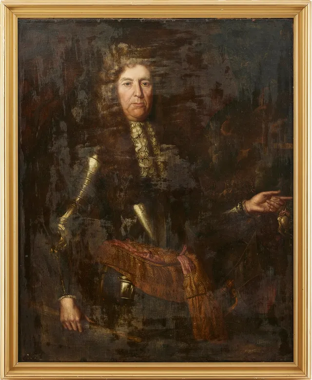 ENGELSK SKOLA, 1700-TAL. Porträtt föreställande fältherre i rustning med allongeperuk.