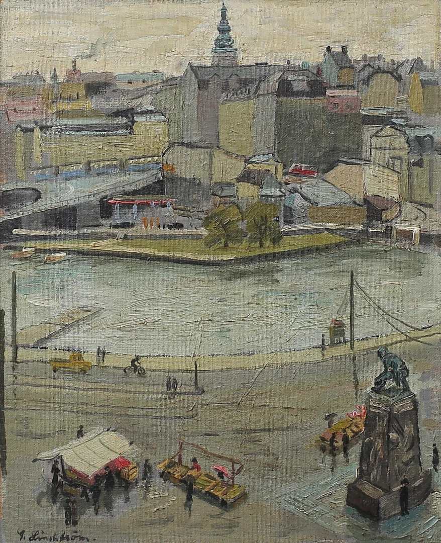 GEORG LINDSTRÖM. "Utsikt från huset Kornhamnstorg 47, Stockholm". Olja på pannå, signerad, daterad 1952 a tergo. — Paintings — Växjö Auktionskammare
