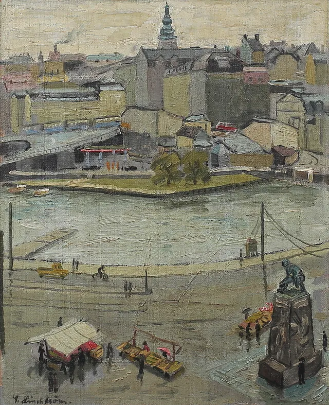 GEORG LINDSTRÖM. "Utsikt från huset Kornhamnstorg 47, Stockholm". Olja på pannå, signerad, daterad 1952 a tergo.