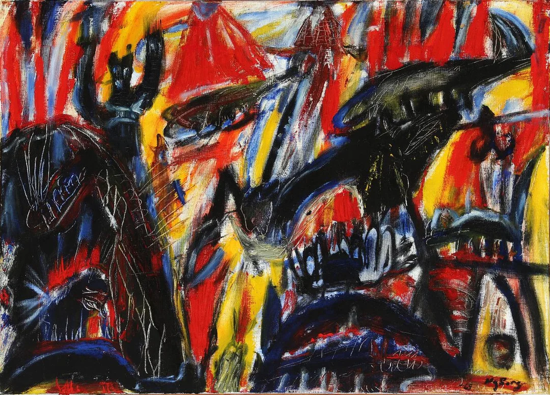 “Gudedrabet”. Signed Peter Nyborg - 69 and on the reverse. Oil on canvas. 50×70 cm. — Modern Paintings/Modern art — Bruun Rasmussen