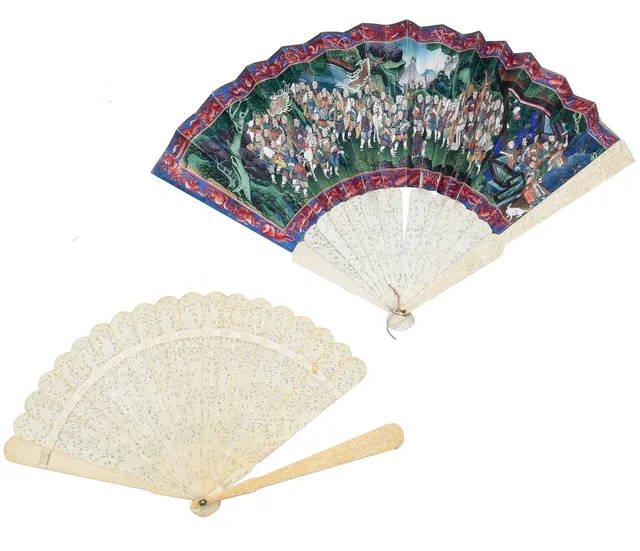 Chinese “thousand faces” fan and fan with carved leaf.