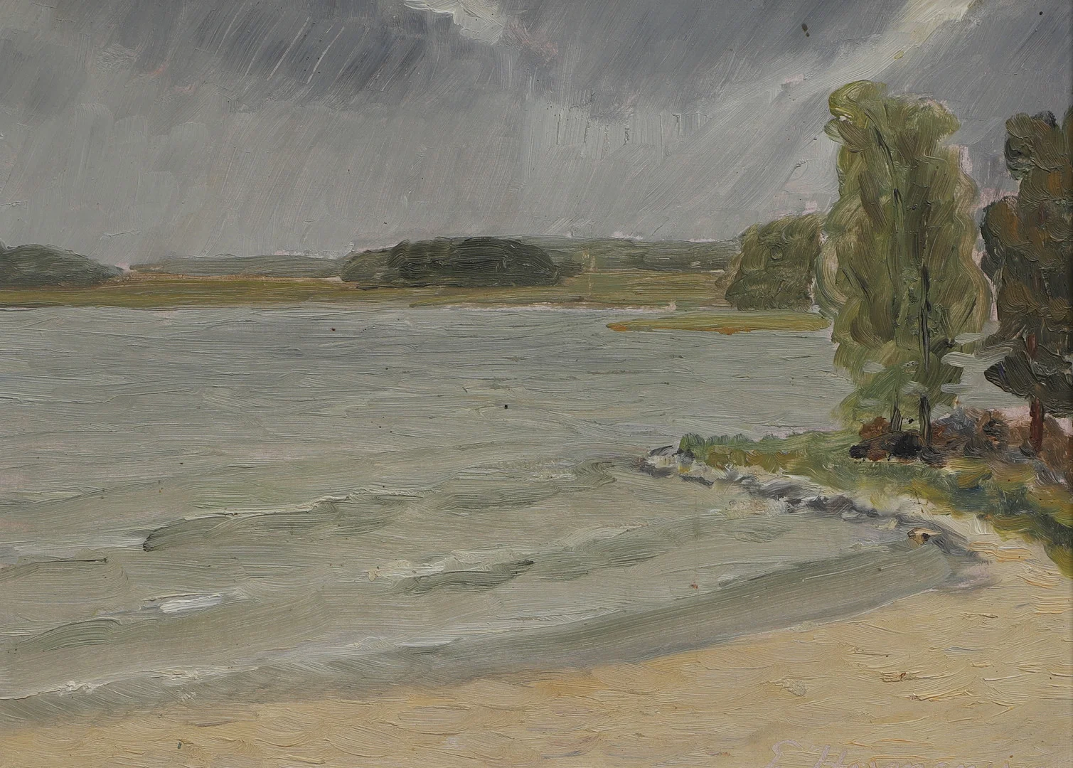 ERIC HERMANSSON. Olja på pannå, "Ovädersmoln vid Enköping", signerad, daterad 1938. — Paintings — Ekenbergs Auktioner