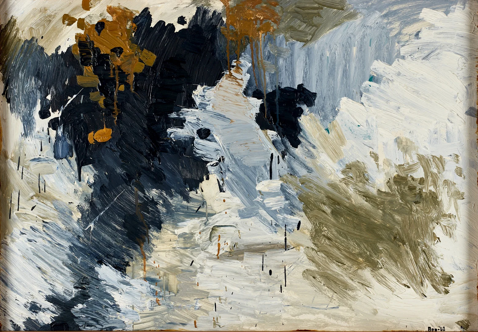BO ÅKE ADAMSSON (född 1941), abstrakt komposition, monogramsignerad och daterad -62, olja på pannå. — Paintings — Crafoord Auktioner Stockholm