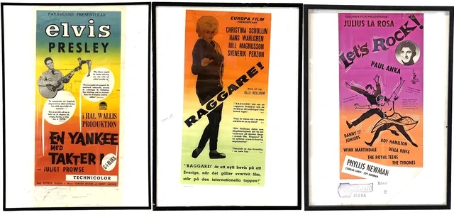 FILMAFFISCHER, 3 st, Elvis Presley - "En yankee med takter/ G.I. Blues", Paul Anka - "Let´s rock!", Christina Scollin - "Raggare", Ewes tryckeri, Stockholm.