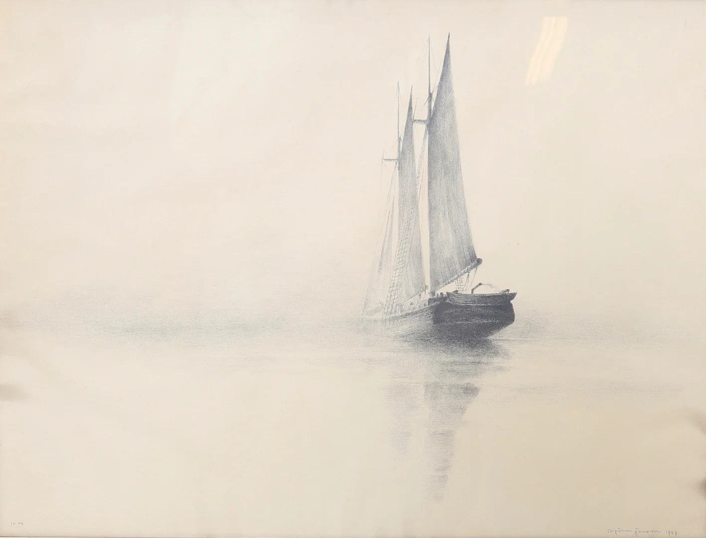 BJÖRN JONSON. Färglitografi, skepp i dimma, signerad samt daterad 1947. — Engravings & Prints — Gomér & Andersson Nyköping