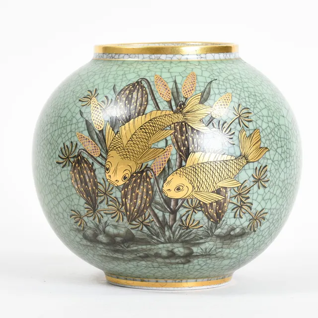 VASE, spherical with craquelé glaze. Denmark, mid-20th century.