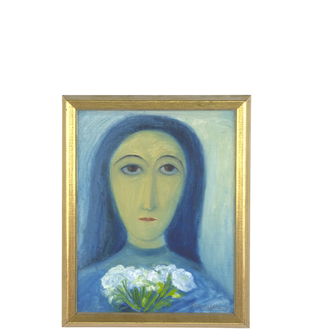 GILLIS SAHLIN. Olja på pannå, porträtt, kvinna med blombukett, signerad, -74. — Paintings — Höganäs Auktionsverk