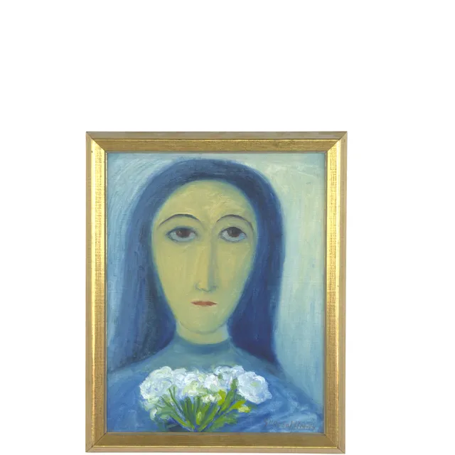 GILLIS SAHLIN. Olja på pannå, porträtt, kvinna med blombukett, signerad, -74.