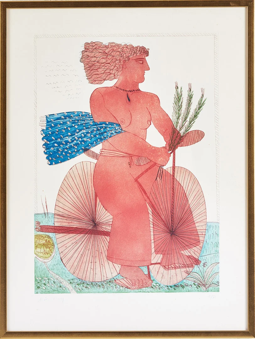 ALEXANDRE FASSIANOS. Cyklist med medaljong, färgkoppastick, signerad A. Fassianos, numrerad 16/70. — Engravings & Prints — Stockholms Auktionsverk Magasin 5