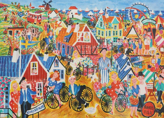 GUNILLA MANN. Färglitografi, "Livet på Kivik", signerad, numrerad 282/290.