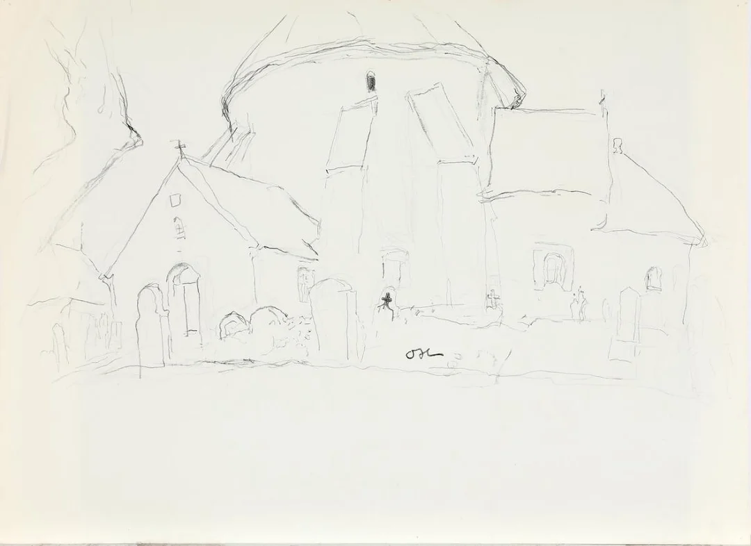 Østerlars church. Signed OH. Pen and oilstick on paper. Sheet size 54×74 cm. Unframed. — Modern Paintings/Classical modernism — Bruun Rasmussen