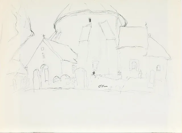 Østerlars church. Signed OH. Pen and oilstick on paper. Sheet size 54×74 cm. Unframed.